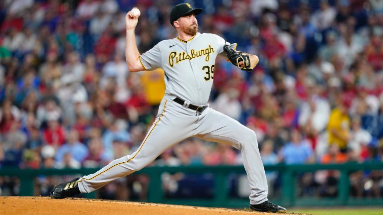 Pittsburgh Pirates' Zach Thompson pitches during the second inning of a baseball game against the Philadelphia Phillies, Friday, Aug. 26, 2022, in Philadelphia. (Matt Slocum/AP)