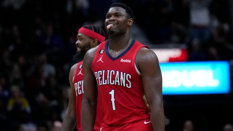 New Orleans Pelicans forward Zion Williamson (1) reacts in the second half of an NBA basketball game against the Philadelphia 76ers in New Orleans, Friday, Dec. 30, 2022. The Pelicans won 127-116. (AP Photo/Gerald Herbert)