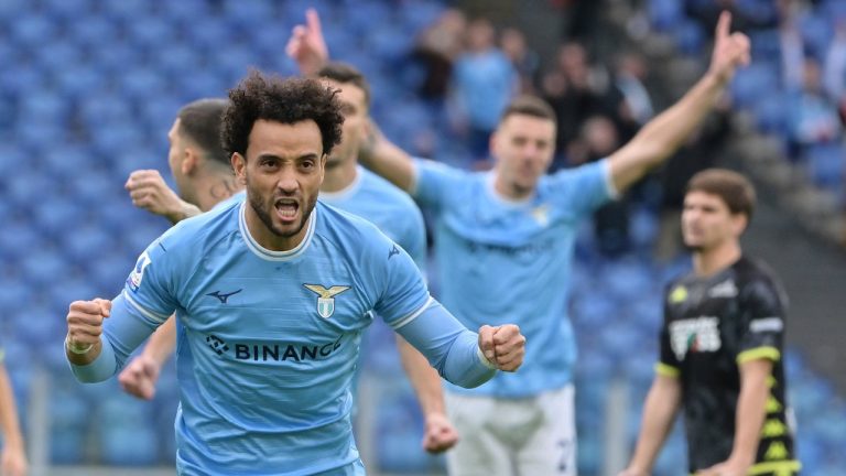 Lazio's Felipe Anderson celebrates after scoring to 1-0 during the Italian soccer Serie A match between SS Lazio and Empoli, at the Olimpic Stadium in Rome, Italy, Sunday Jan. 8, 2023. (Alfredo Falcone/LaPresse via AP)