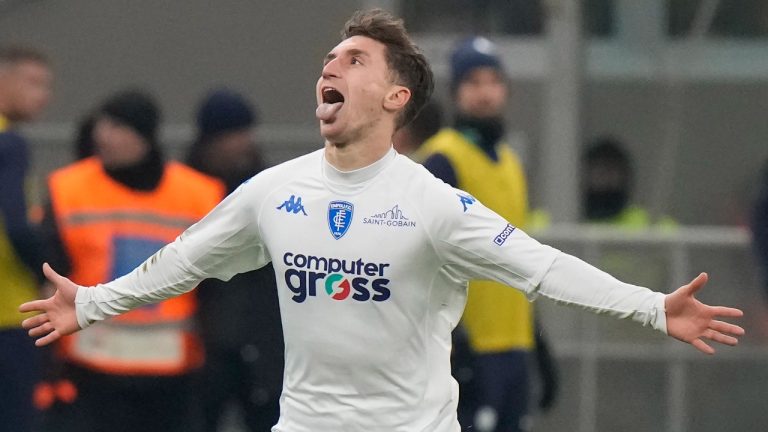 Empoli's Tommaso Baldanzi celebrates after scoring against Inter Milan during a Serie A soccer match between Inter Milan and Empoli at the San Siro stadium in Milan, Italy, Monday Jan. 23, 2023. (Luca Bruno/AP)