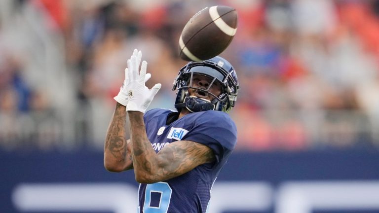 Toronto Argonauts' Brandon Banks attempts to make a catch during the first half of CFL football action against the Winnipeg Blue Bombers, in Toronto, Monday, July 4, 2022. (Mark Blinch/CP)