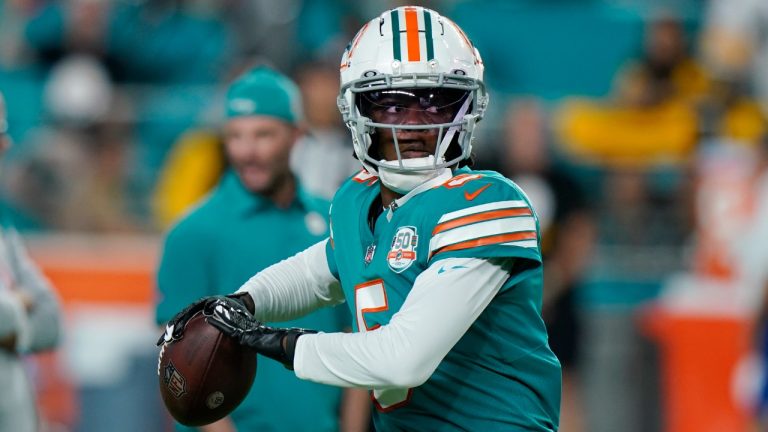 Miami Dolphins quarterback Teddy Bridgewater (5) warms up before an NFL football game against the Pittsburgh Steelers, Sunday, Oct. 23, 2022, in Miami Gardens, Fla. (Wilfredo Lee/AP)