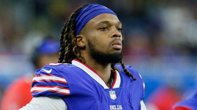 Buffalo Bills safety Damar Hamlin looks on during the second half of an NFL football game. (Duane Burleson/AP)