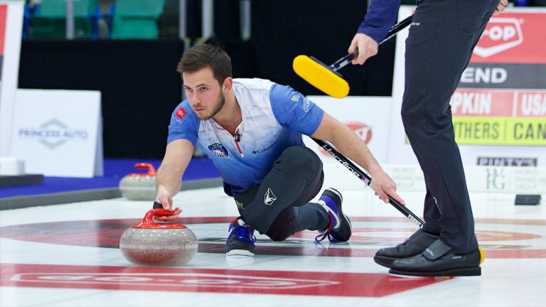 Korey Dropkin prepares to release a rock during Draw 16 of the Co-op Canadian Open on Friday, Jan. 13, 2023, in Camrose, Alta. (Anil Mungal/GSOC)