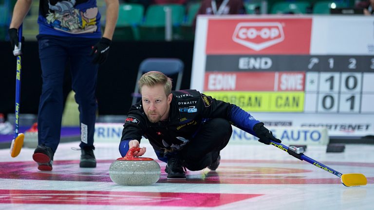 Niklas Edin throws a stone during the third draw of the Co-op Canadian Open on Tuesday, Jan. 10, 2023, in Camrose, Alta. (Anil Mungal/GSOC)