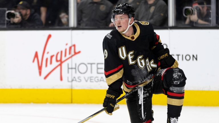 Vegas Golden Knights center Jack Eichel watches the Los Angeles Kings celebrate a goal scored by left wing Kevin Fiala during the third period of an NHL hockey game. (Ellen Schmidt/AP)