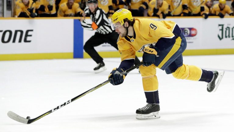 Nashville Predators left wing Filip Forsberg, of Sweden, takes the puck down the ice on his way to scoring a short-handed goal against the St. Louis Blues in the second period of an NHL hockey game Wednesday, Nov. 21, 2018, in Nashville, Tenn. (Mark Humphrey/AP)