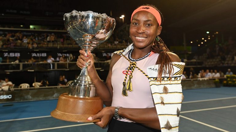 USA's Coco Gauff poses for a photo with her trophy after she beat Spain's Rebeka Masarova in the final of the ASB Classic tennis event in Auckland, New Zealand, Sunday, Jan. 8, 2023. (Andrew Cornaga/Photoport via AP)