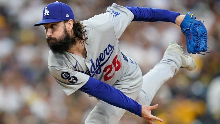 Los Angeles Dodgers starting pitcher Tony Gonsolin works against a San Diego Padres batter during the first inning in Game 3 of a baseball NL Division Series, Friday, Oct. 14, 2022, in San Diego. (Ashley Landis/AP)