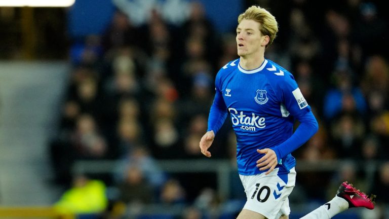 Everton's Anthony Gordon runs during the English Premier League soccer match between Everton and Southampton at Goodison Park in Liverpool, England, Saturday, Jan. 14, 2023. (Jon Super/AP)