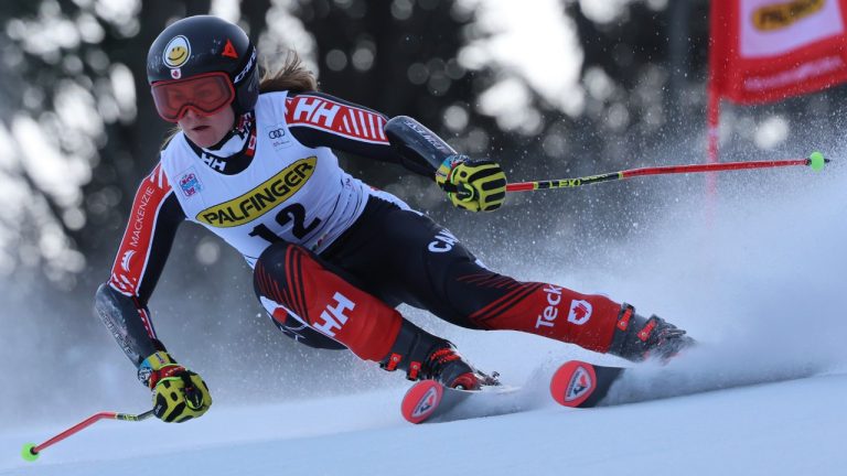 Canada's Valerie Grenier speeds down the course during an alpine ski, women's World Cup giant slalom race, in Kranjska Gora, Slovenia, Saturday, Jan. 7, 2023. (Marco Trovati/AP)