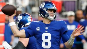 New York Giants quarterback Daniel Jones (8) throws a pass during the first half of an NFL football game against the Minnesota Vikings, Saturday, Dec. 24, 2022, in Minneapolis. (Bruce Kluckhohn/AP)