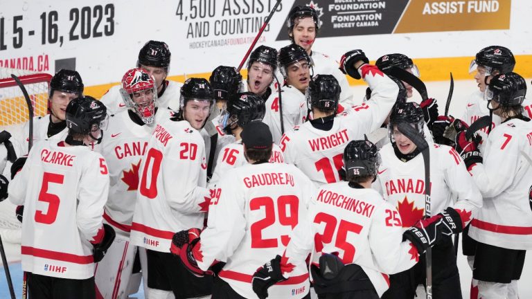 Team Canada celebrate their win over USA at the IIHF World Junior Hockey Championship semifinal action in Halifax on Wednesday, January 4, 2023. (Darren Calabrese/CP)