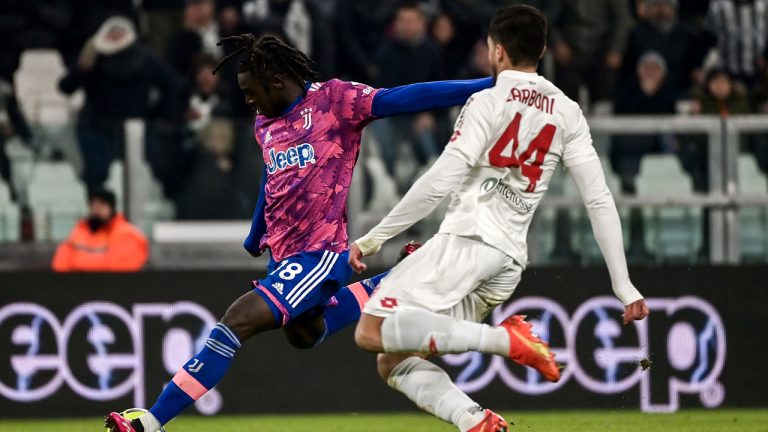 Juventus' Moise Kean, left, in action against Monza's Andrea Carboni during the Italian Cup round of 16 soccer match between Juventus FC and Monza at the Juventus Stadium. (Marco Alpozzi/AP)