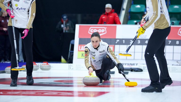 Raphaela Keiser shoots a stone during the Co-op Canadian Open on Thursday, Jan. 12, 2023, in Camrose, Alta. (Anil Mungal/GSOC)