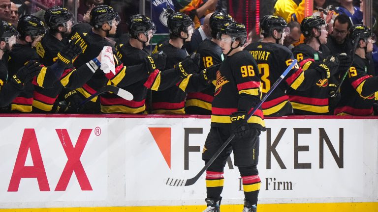 Vancouver Canucks' Andrei Kuzmenko celebrates his first goal against the Chicago Blackhawks during the second period of an NHL hockey game in Vancouver, on Tuesday, January 24, 2023. (Darryl Dyck/CP)