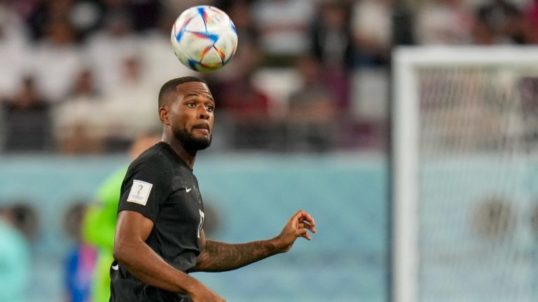 Canada's Cyle Larin is shown in action during the World Cup group F soccer match between Croatia and Canada, at the Khalifa International Stadium in Doha, Qatar, Sunday, Nov. 27, 2022. (AP)