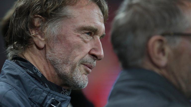 Sir Jim Ratcliffe and his brother Bob Ratcliffe talk ahead of the French League One soccer match between Nice and Paris Saint Germain in Allianz Riviera stadium in Nice, southern France, Friday, Oct.18, 2019. (Daniel Cole/AP) 