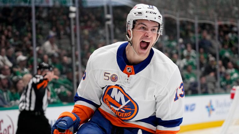 New York Islanders center Mathew Barzal (13) celebrates after scoring against the Dallas Stars in the second period of an NHL hockey game Saturday, Nov. 19, 2022, in Dallas. (Tony Gutierrez/AP)