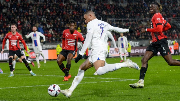 PSG's Kylian Mbappe kicks the ball during the League One soccer match Rennes against Paris Saint-Germain at the Roazhon Park stadium Sunday, Jan. 15, 2023 in Rennes, western France. (Mathieu Pattier/AP)