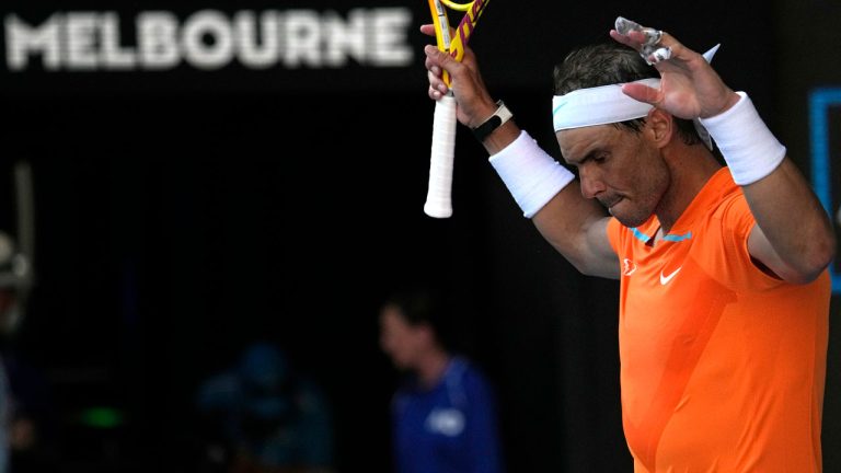 Rafael Nadal of Spain reacts after defeating Jack Draper of Britain in their first round match at the Australian Open tennis championship. (Aaron Favila/AP)