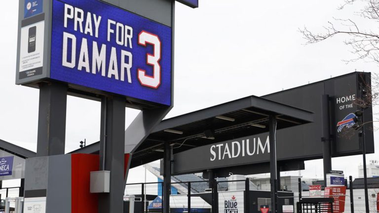 A sign shows support for injured Buffalo Bills NFL football player Damar Hamlin outside Highmark Stadium in Orchard Park, N.Y (Jeffrey T. Barnes/AP)
