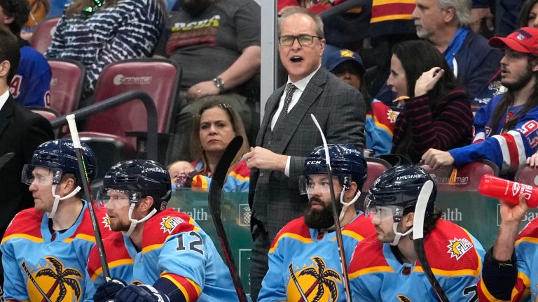 Florida Panthers head coach Paul Maurice watches during the first period of an NHL hockey game against the New York Rangers, Sunday, Jan. 1, 2023, in Sunrise, Fla. (Lynne Sladky/AP) 