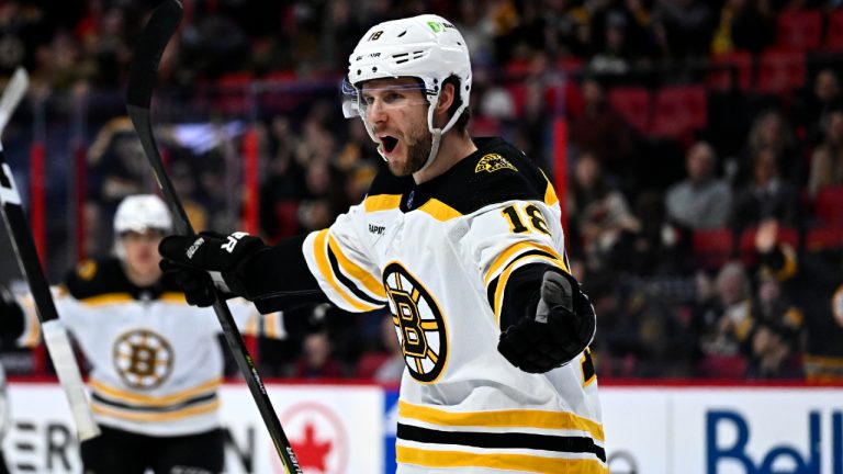 Boston Bruins centre Pavel Zacha (18) celebrates his goal against the Ottawa Senators during third period NHL hockey action in Ottawa, on Tuesday, Dec. 27, 2022. (Justin Tang/CP)