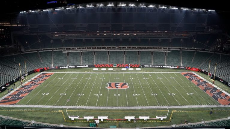 Paycor Stadium sits empty after the NFL postponed the game following an injury to Buffalo Bills' Damar Hamlin during the first half of an NFL football game between the Cincinnati Bengals and Buffalo Bills, Monday, Jan. 2, 2023, in Cincinnati. (Joshua A. Bickel/AP)