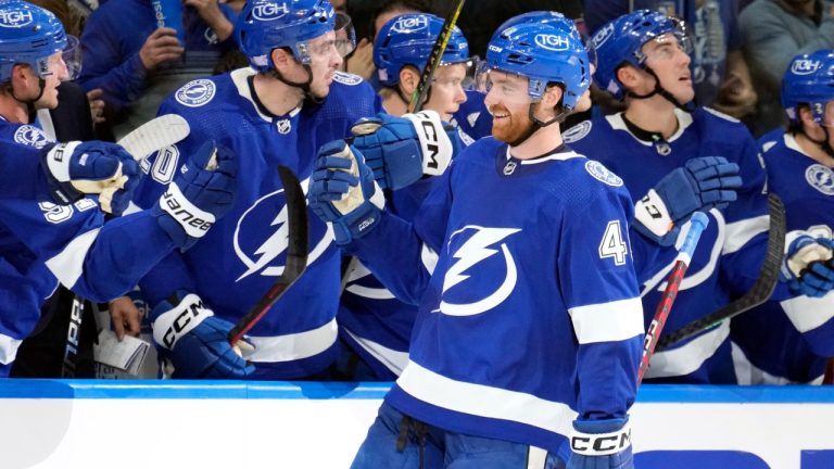 Tampa Bay Lightning defenseman Nick Perbix (48) celebrates his goal against the Buffalo Sabres with teammates during the third period of an NHL hockey game Saturday, Nov. 5, 2022, in Tampa, Fla. (Chris O'Meara/AP)