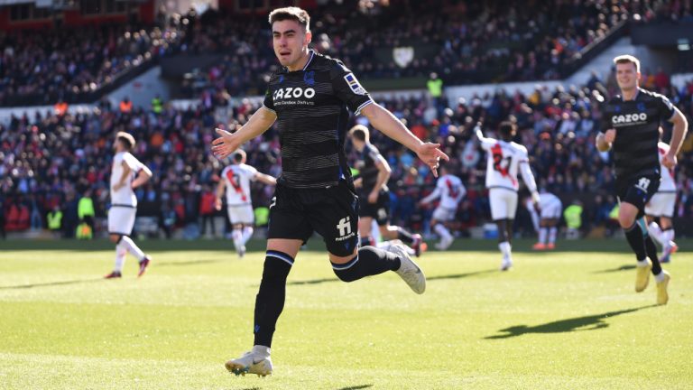 Ander Barrenetxea of Real Sociedad celebrates after scoring the team's second goal during the LaLiga Santander match between Rayo Vallecano and Real Sociedad at Campo de Futbol de Vallecas on January 21, 2023 in Madrid, Spain. (Denis Doyle/Getty Images)