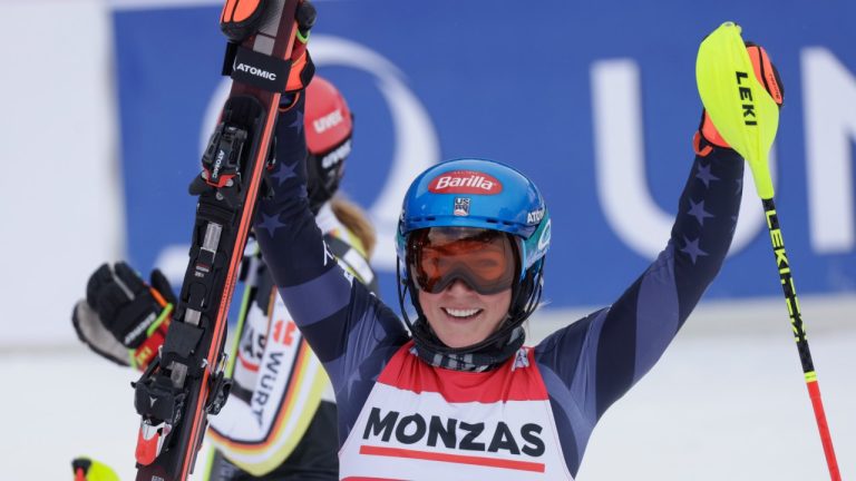 United States' Mikaela Shiffrin reacts after winning an alpine ski, women's World Cup slalom, in Spindleruv Mlyn, Czech Republic, Saturday, Jan. 28, 2023. (Giovanni Maria Pizzato/AP)