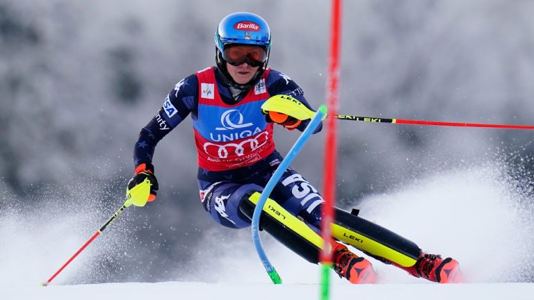 United States' Mikaela Shiffrin speeds down the course during an alpine ski, women's World Cup slalom, in Spindleruv Mlyn, Czech Republic, Sunday, Jan. 29, 2023. (Piermarco Tacca/AP)