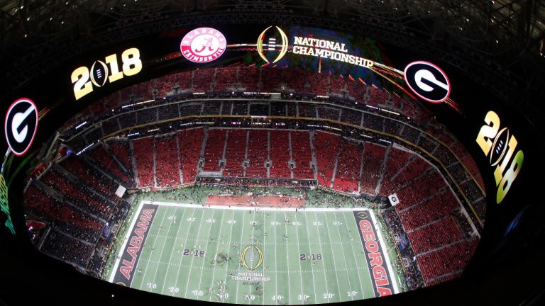 Mercedes-Benz Stadium field is seen before the NCAA college football playoff championship game between Georgia and Alabama, Monday, Jan. 8, 2018, in Atlanta. (John Bazemore/AP Photo)