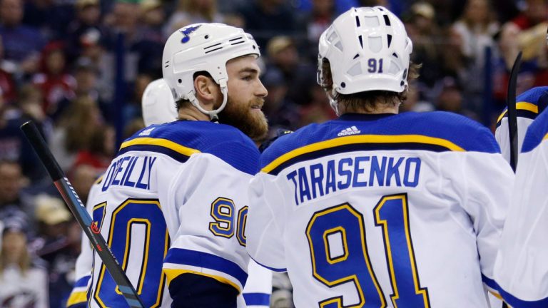 St. Louis Blues forward Ryan O'Reilly, left, and forward Vladimir Tarasenko, of Russia, celebrate O'Reilly's goal against the Columbus Blue Jackets during the first period of an NHL hockey game. (Paul Vernon/AP)