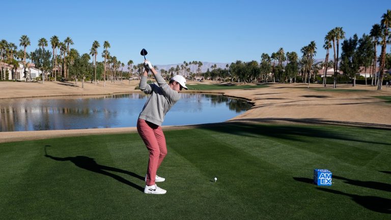 Davis Thompson hits from the 13th tee during the American Express golf tournament on the Nicklaus Tournament Course at PGA West Friday, Jan. 20, 2023, in La Quinta, Calif. (Mark J. Terrill/AP)