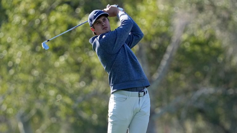 Davis Thompson hits from the 15th tee during the American Express golf tournament on the La Quinta Country Club Course Thursday, Jan. 19, 2023, in La Quinta, Calif. (Mark J. Terrill/AP)