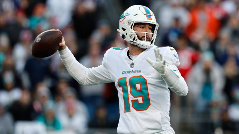 Miami Dolphins quarterback Skylar Thompson (19) throws a pass against the New England Patriots during the second half of an NFL football game, Sunday, Jan. 1, 2023, in Foxborough, Mass. (Michael Dwyer/AP)