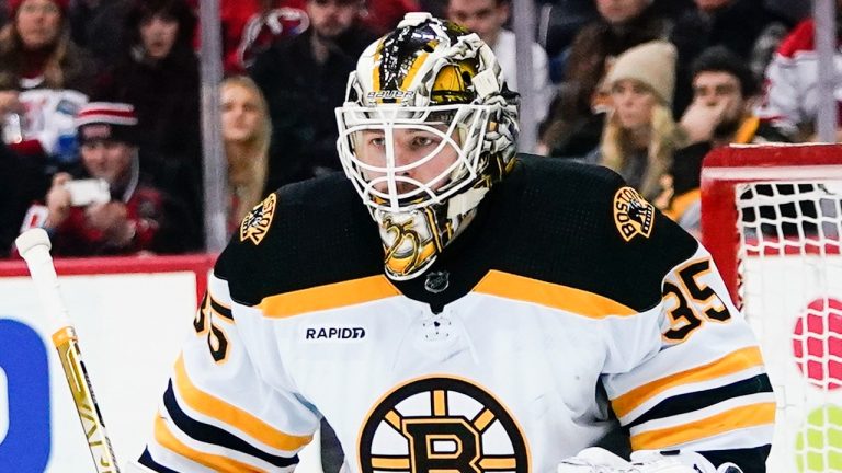 Boston Bruins goaltender Linus Ullmark (35) protects his net during the first period of an NHL hockey game against the New Jersey Devils Wednesday, Dec. 28, 2022, in Newark, N.J. (Frank Franklin II/AP Photo)