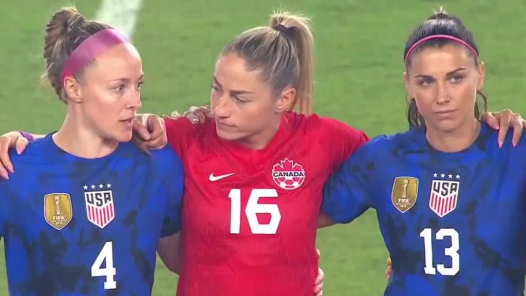 Canada, USA women’s soccer teams share pregame moment of solidarity at