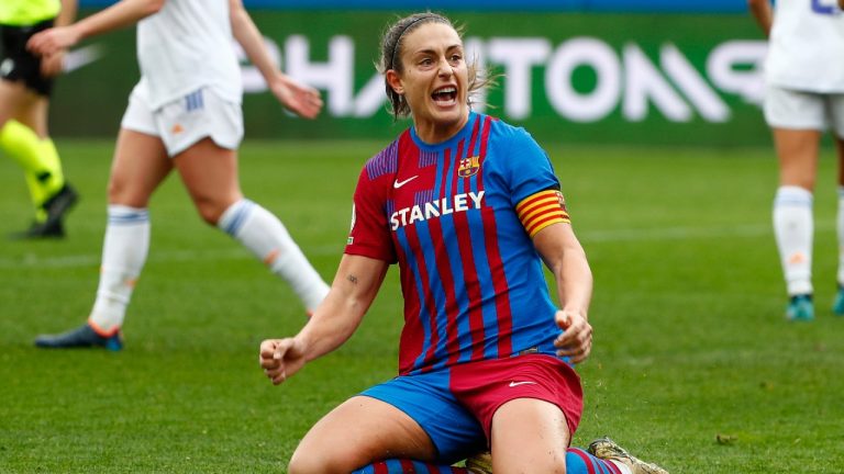 Barcelona's Alexia Putellas celebrates after scoring her side's second goal during the Women's Spanish La Liga soccer match between Barcelona and Real Madrid at Johan Cruyff stadium in Barcelona, Spain, Sunday, March 13, 2022. (Joan Monfort/AP)