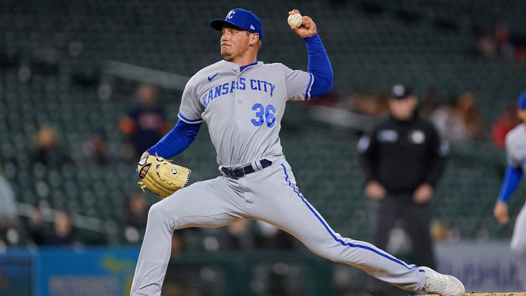 Kansas City Royals relief pitcher Anthony Misiewicz (36) throws against the Detroit Tigers in the 10th inning of a baseball game in Detroit, Tuesday, Sept. 27, 2022. (Paul Sancya/AP)