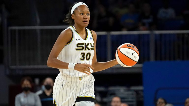 Chicago Sky's Azura Stevens dribbles the ball during a WNBA basketball game against the Seattle Storm on July 20, 2022, in Chicago. Stevens is heading west, signing with the Los Angeles Sparks the team announced Friday, Feb. 3, 2023. (Charles Rex Arbogast/AP)