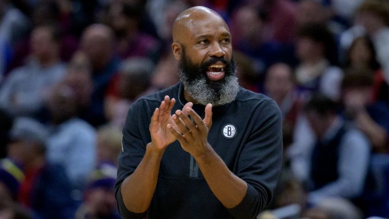 Brooklyn Nets coach Jacque Vaughn applauds the first half of the team's NBA basketball game against the New Orleans Pelicans in New Orleans, Friday, Jan. 6, 2023. (Matthew Hinton/AP)