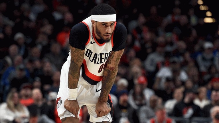 Portland Trail Blazers guard Gary Payton II looks on during the second half of an NBA basketball game against the Detroit Pistons in Portland, Ore., Monday, Jan. 2, 2023. It was Payton's first game of the year after fighting injuries. Payton underwent abdominal surgery in the offseason and initially hoped to be ready for the start of the regular season.The Blazers won 135-106. (Steve Dykes/AP)