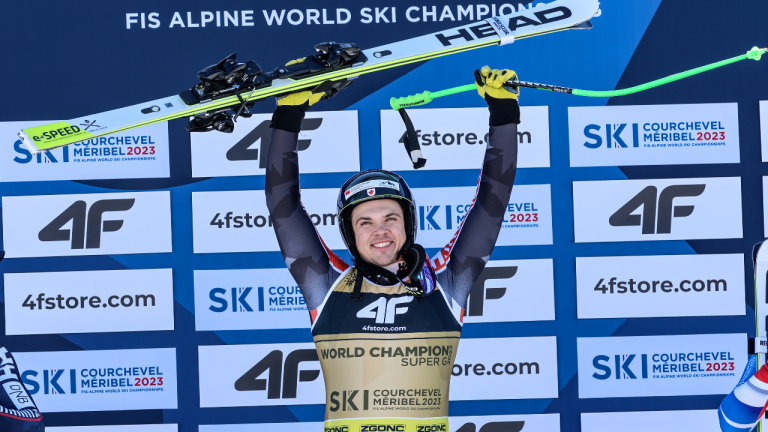 Canada's Jack Crawford celebrates winning an alpine ski, men's World Championship super-G race, in Courchevel, France, Thursday, Feb. 9, 2023. (AP)