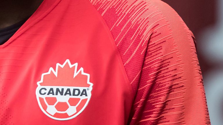 A Canada soccer logo is seen on Alphonso Davies in Vancouver, on Sunday March 24, 2019. (Darryl Dyck/CP)