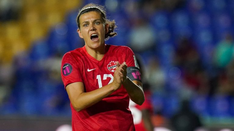 Canada's Christine Sinclair reacts during a CONCACAF Women's Championship soccer semifinal match against Jamaica in Monterrey, Mexico, Thursday, July 14, 2022.