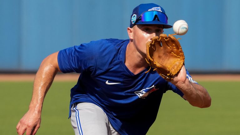 Toronto Blue Jays third baseman Matt Chapman fields a ground ball during baseball spring training in Dunedin, Fla., Thursday, Feb. 23, 2023. (Nathan Denette/CP)