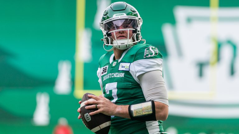 Saskatchewan Roughriders quarterback Cody Fajardo throws the football prior to CFL football action against the Calgary Stampeders in Regina on Saturday, October 22, 2022. (Heywood Yu/CP)